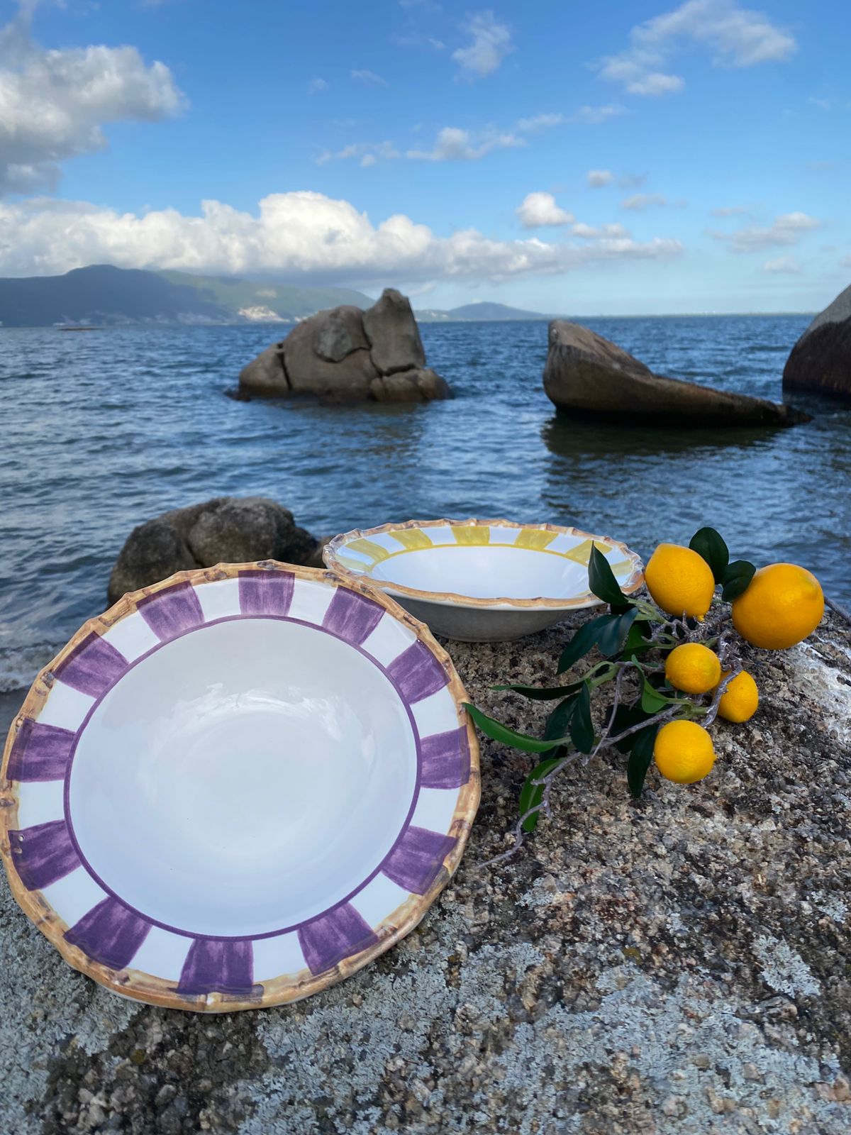 Prato Fundo em Porcelana Orquídea Amarela e Lilás com 8