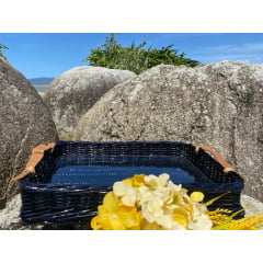 Bandeja Vime Azul e Vidro com Alça de Couro
