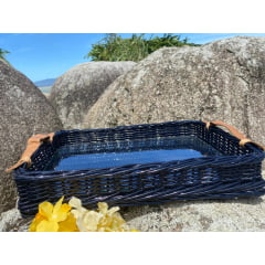 Bandeja Vime Azul e Vidro com Alça de Couro