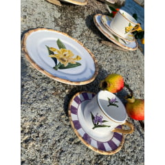 Prato de Sobremesa em Porcelana Orquídea Amarela e Lilás com 8