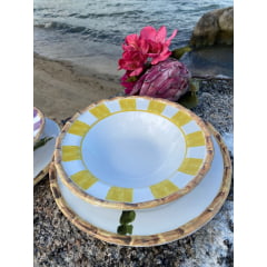 Prato Fundo em Porcelana Orquídea Amarela e Lilás com 8