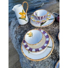 Prato Fundo em Porcelana Orquídea Amarela e Lilás com 8