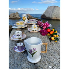 Prato Fundo em Porcelana Orquídea Amarela e Lilás com 8