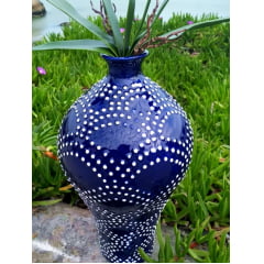 Vaso cerâmica azul bolas brancas
