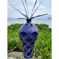 Vaso cerâmica azul bolas brancas