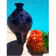Vaso cerâmica azul bolas brancas